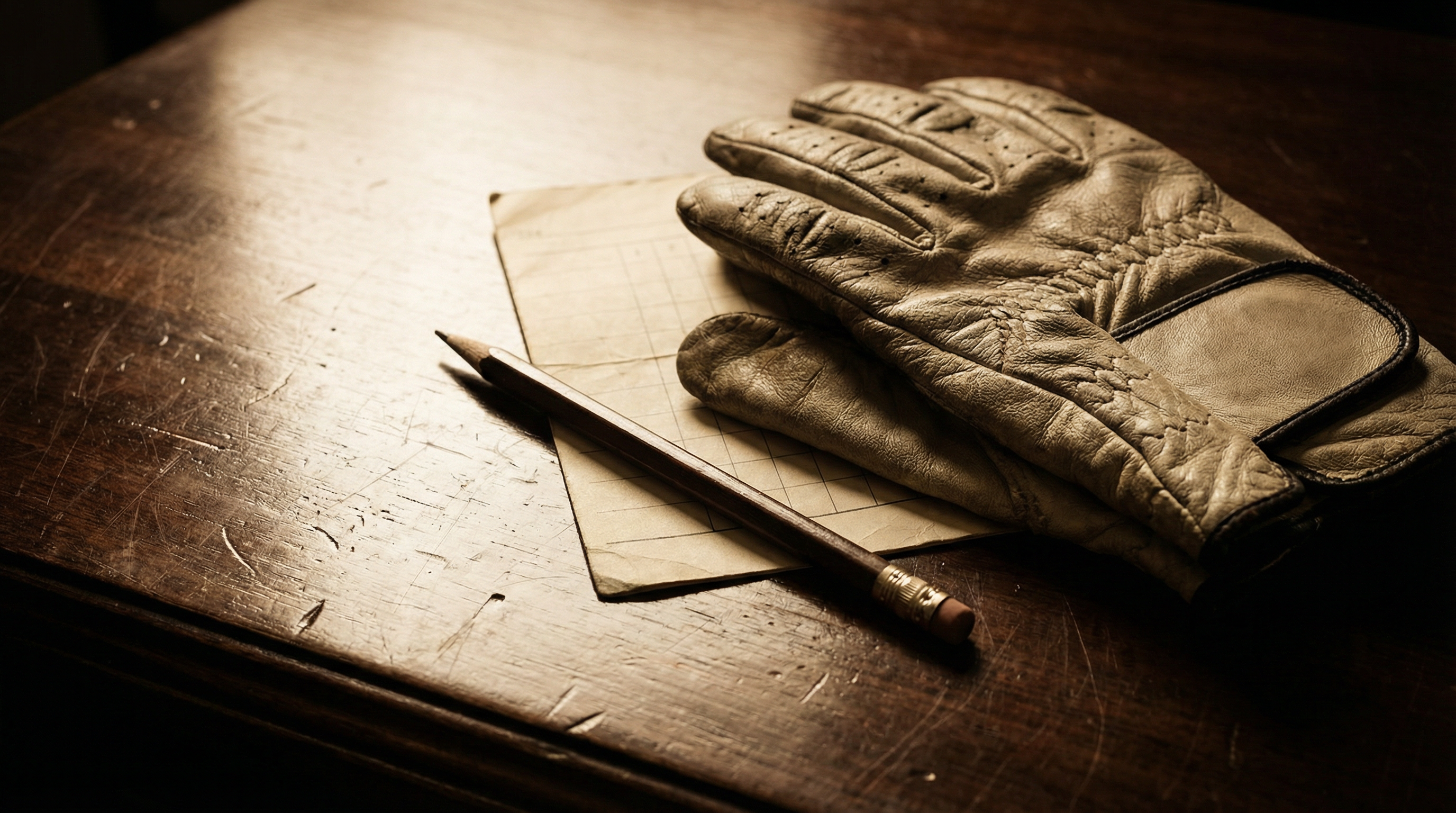 Vintage scorecard and leather golf glove on a dark wooden table